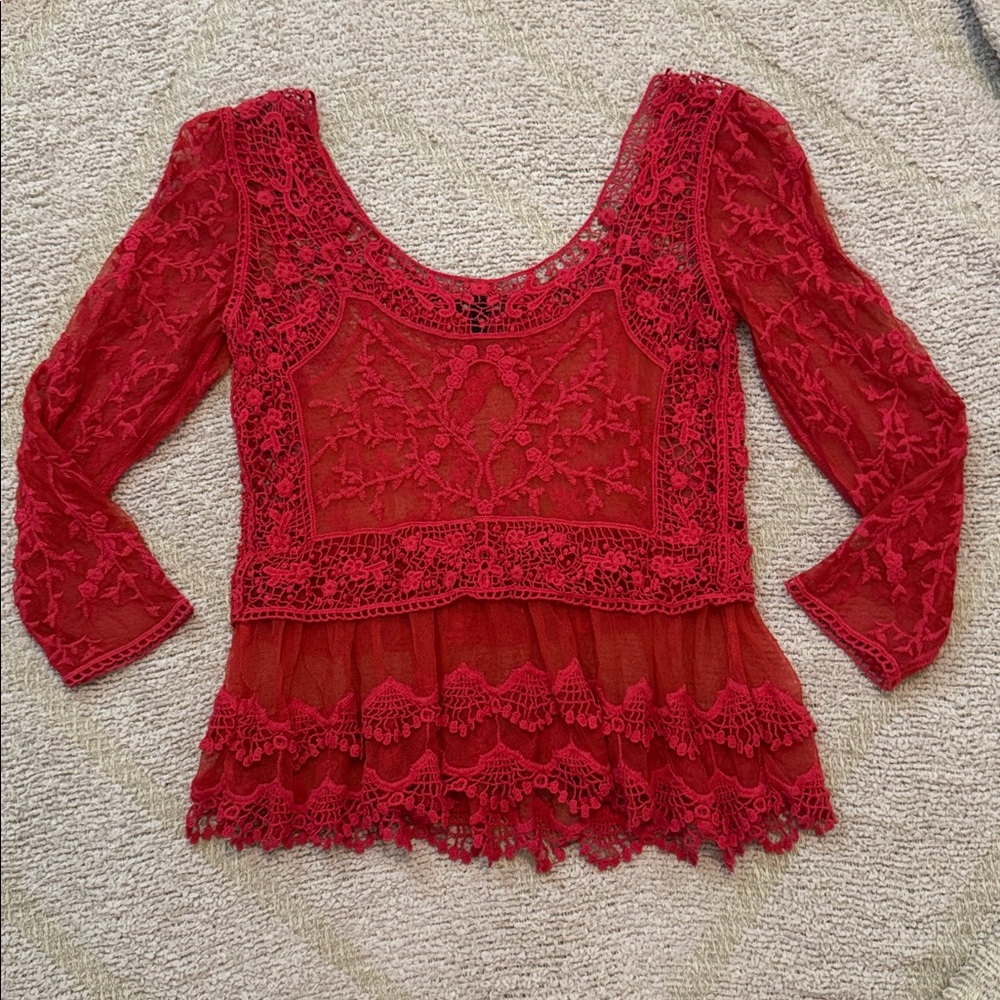Express Vibrant Red Lace Long Sleeve Top | XS - Picture 3 of 4